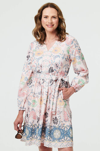 Izabel London – Border Print Tie Waist Knee Length Dress